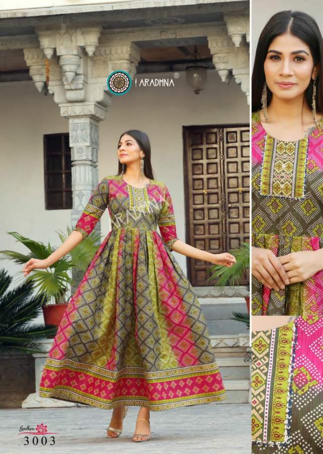Aradhna Bandhani 3 Heavy Cotton Festive Wear Cotton Anarkali Long Kurti Collection